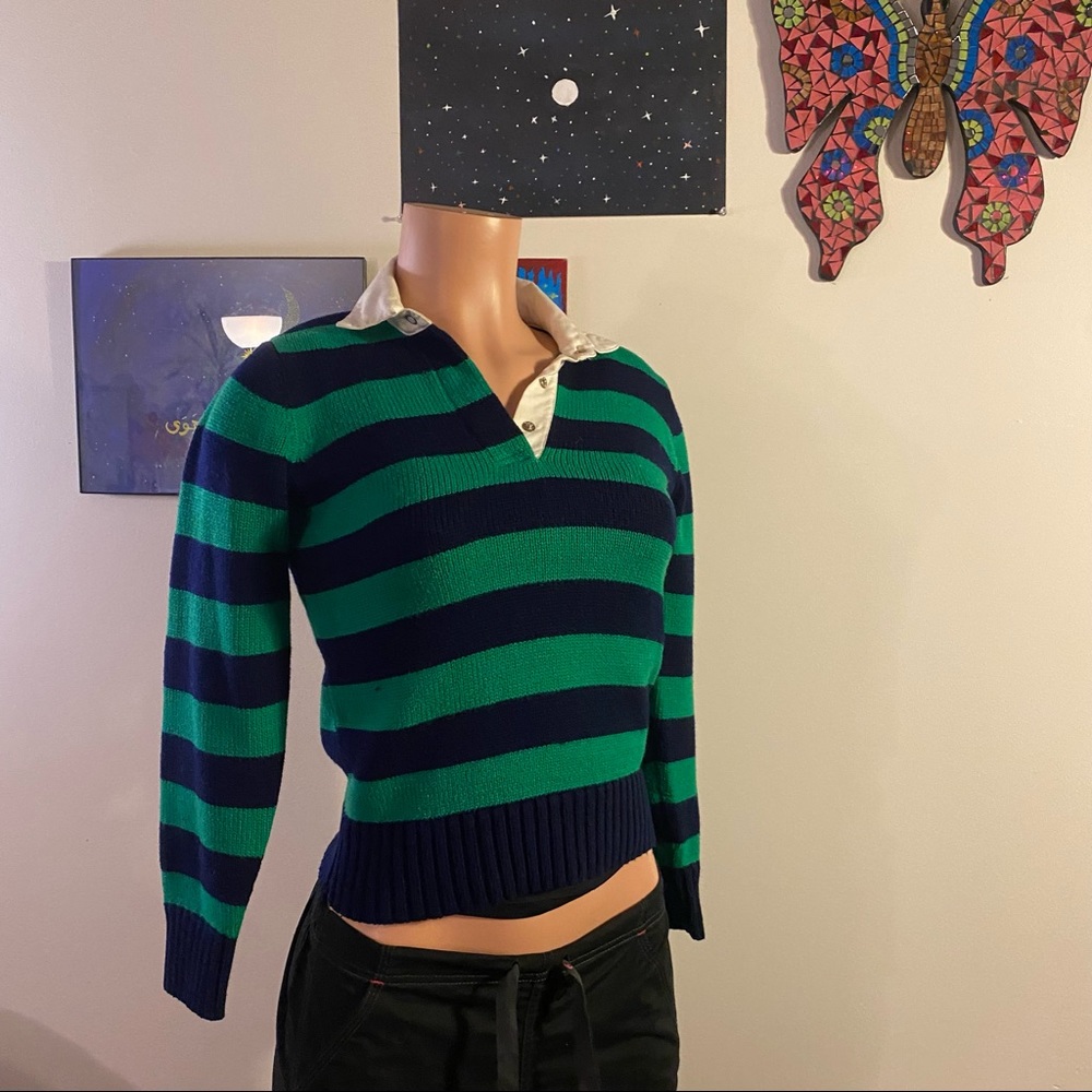School Girl Navy and Green Stripes Sweater with White Collar